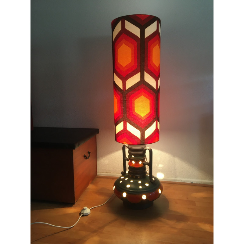 Lampe de sol Eternity - céramique orange/noir et tissu vintage