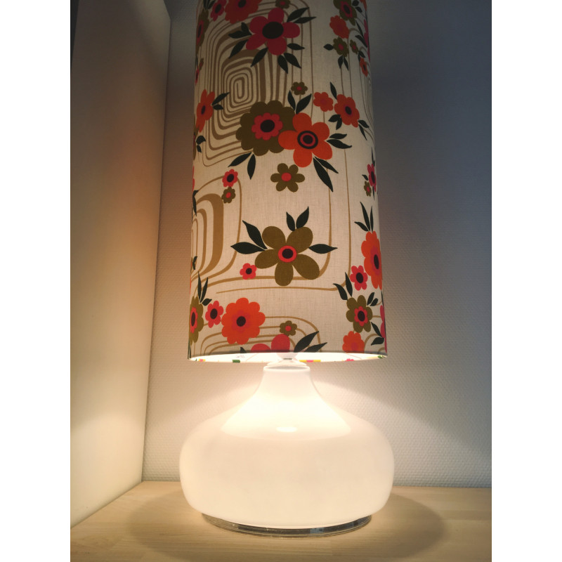 Lampe de meuble Cantuta H90 D30 - opaline blanche et tissu vintage 70s