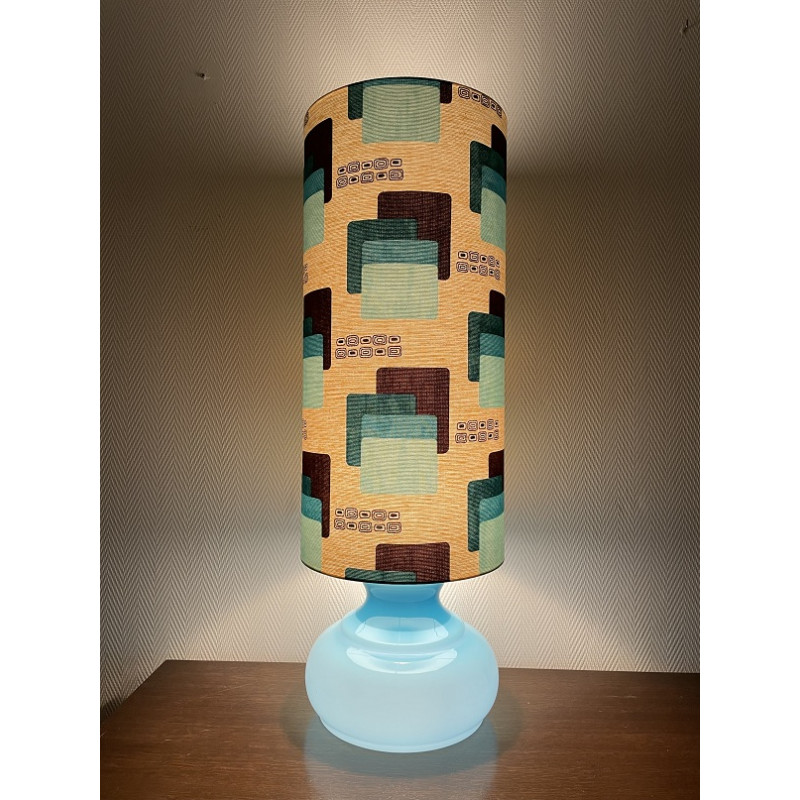 Lampe à poser Maori turquoise - opaline et tissu vintage