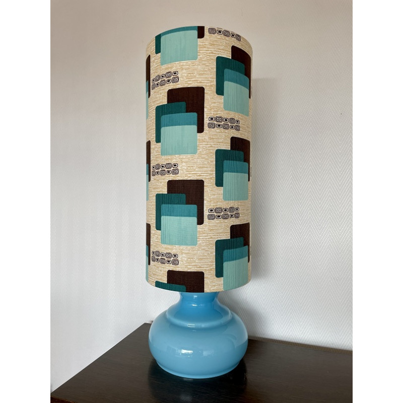 Lampe à poser Maori turquoise - opaline et tissu vintage