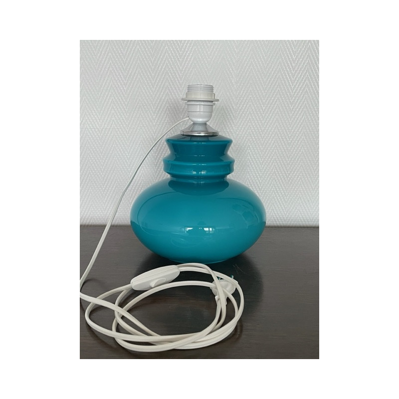 Lampe à poser opaline bleue et tissu Maori vintage