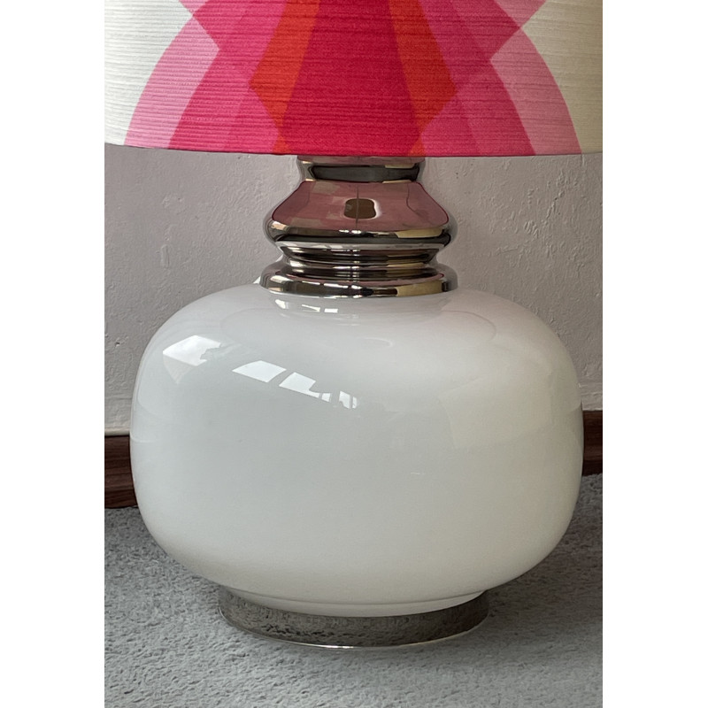 Lampe de sol Rosita - opaline blanche et tissu vintage 70's