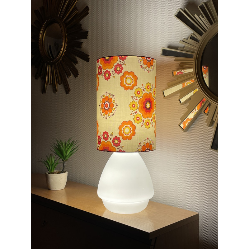 Lampe de meuble Tom Pouce - Opaline orange et tissu vintage années 70