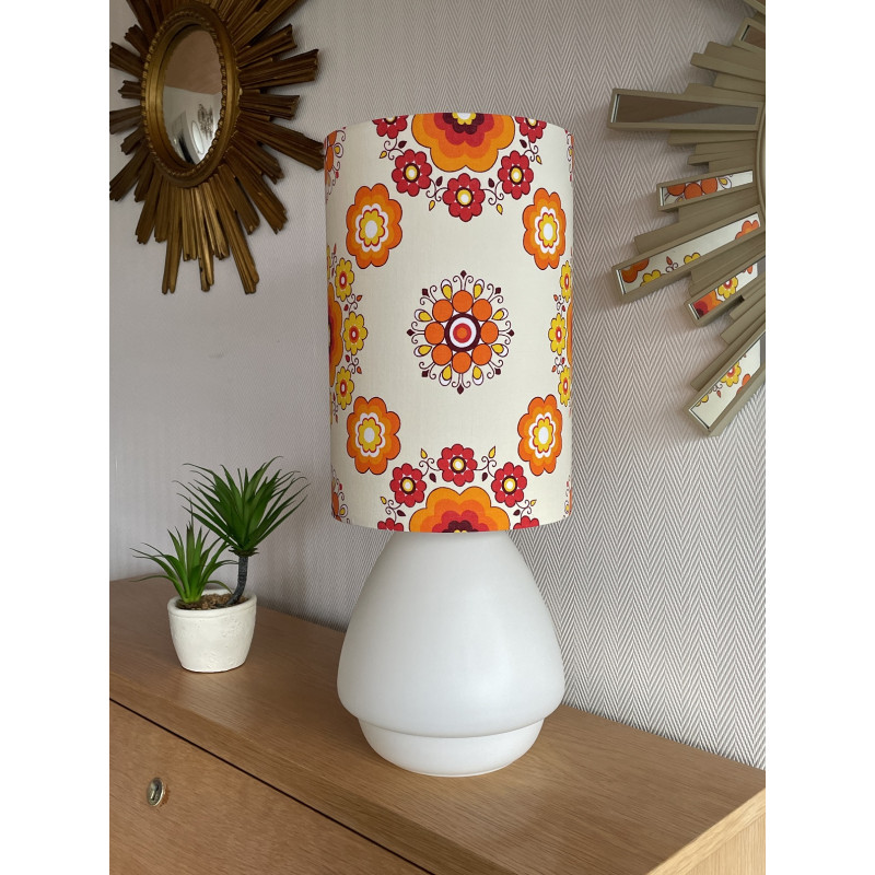 Lampe de meuble Tom Pouce - Opaline orange et tissu vintage années 70