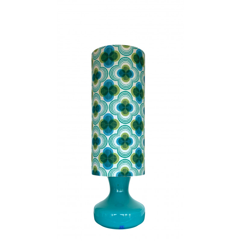 Lampe Circus H80 D26cm opaline bleu - tissu vintage Lampe Circus H80 D26cm opaline bleu - tissu vintage