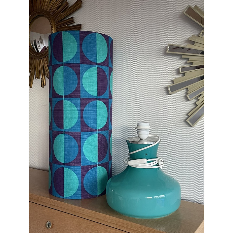 Lampe Stockholm H82 D25cm opaline bleu - tissu vintage