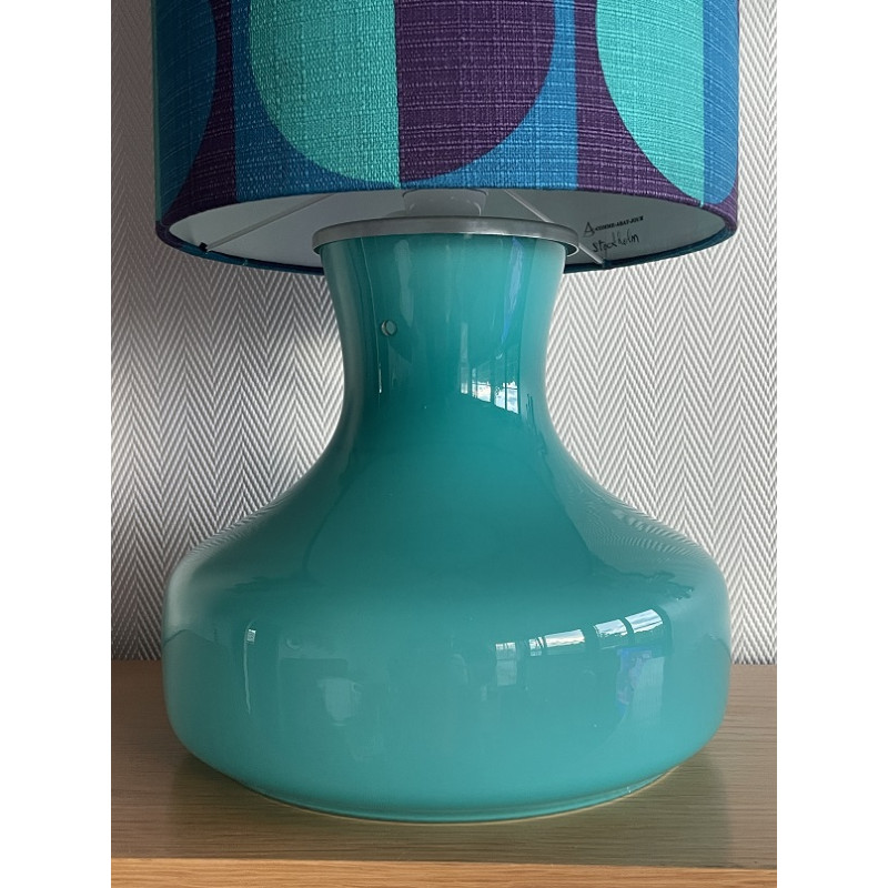 Lampe Stockholm H82 D25cm opaline bleu - tissu vintage