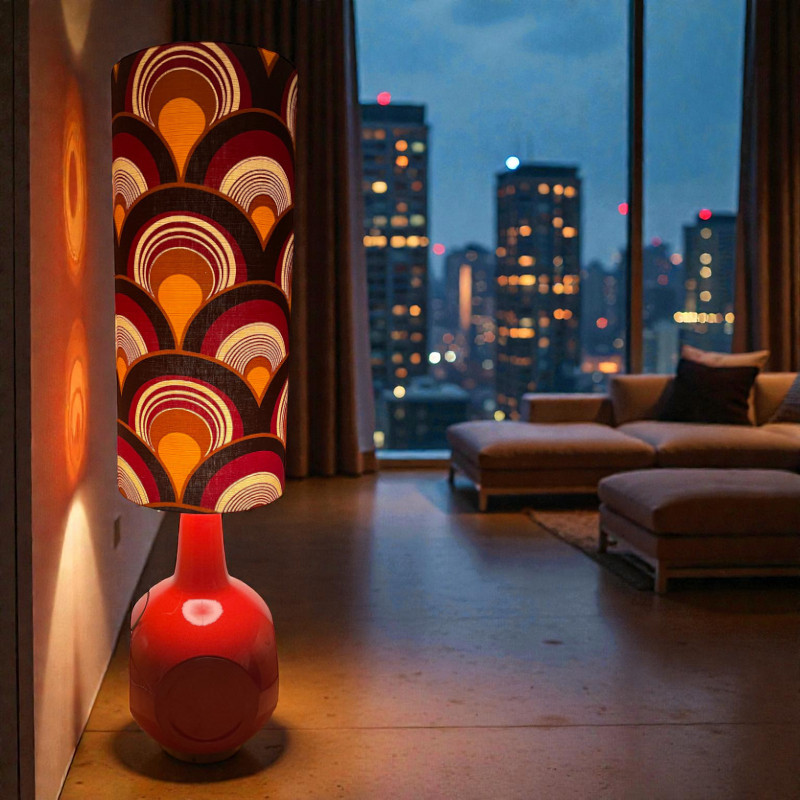 Lampe de sol rouge Saga - céramique et tissu vintage 1970's