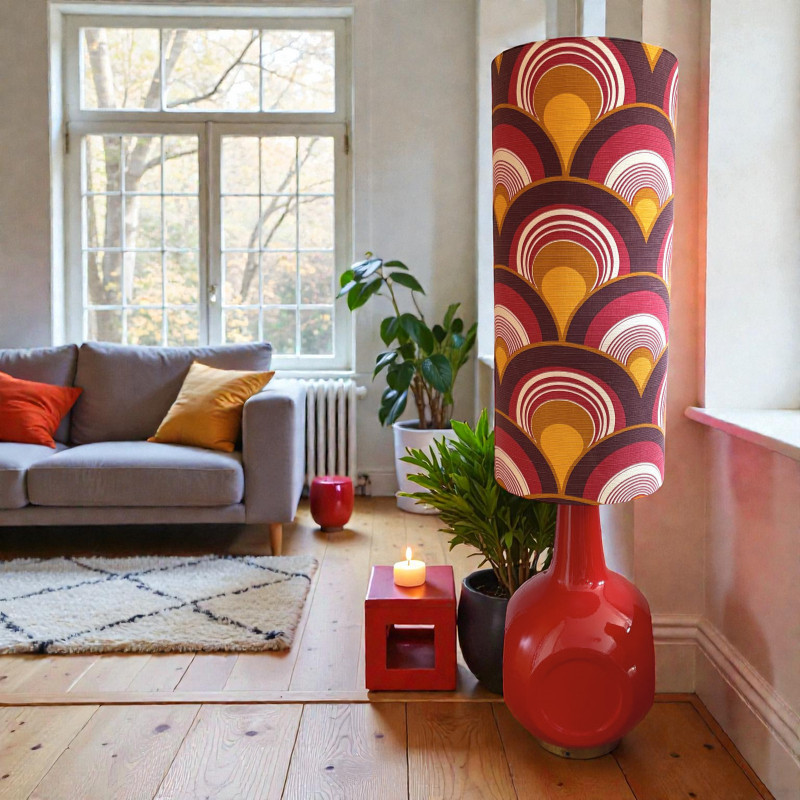 Lampe de sol rouge Saga - céramique et tissu vintage 1970's