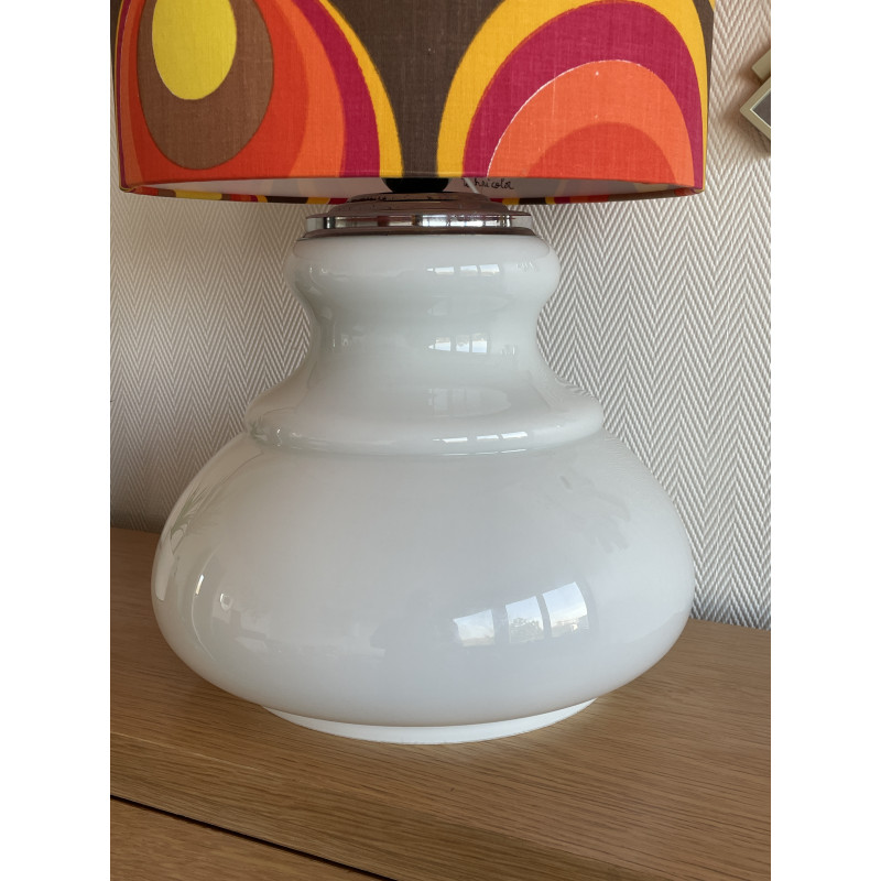 Lampe opaline blanche Technicolor - tissu rétro 1970's