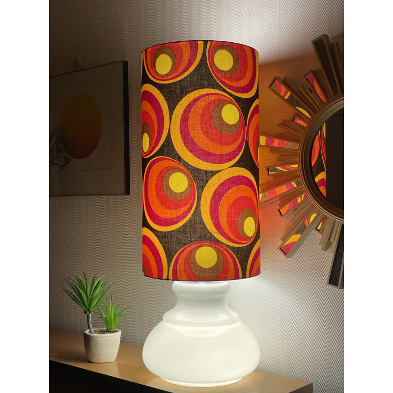 Lampe opaline blanche Technicolor - tissu rétro 1970's