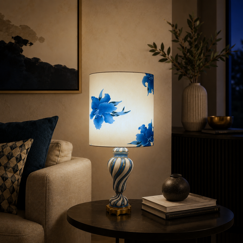 Lampshade Althéa blue H40 D35cm - mid-century fabric