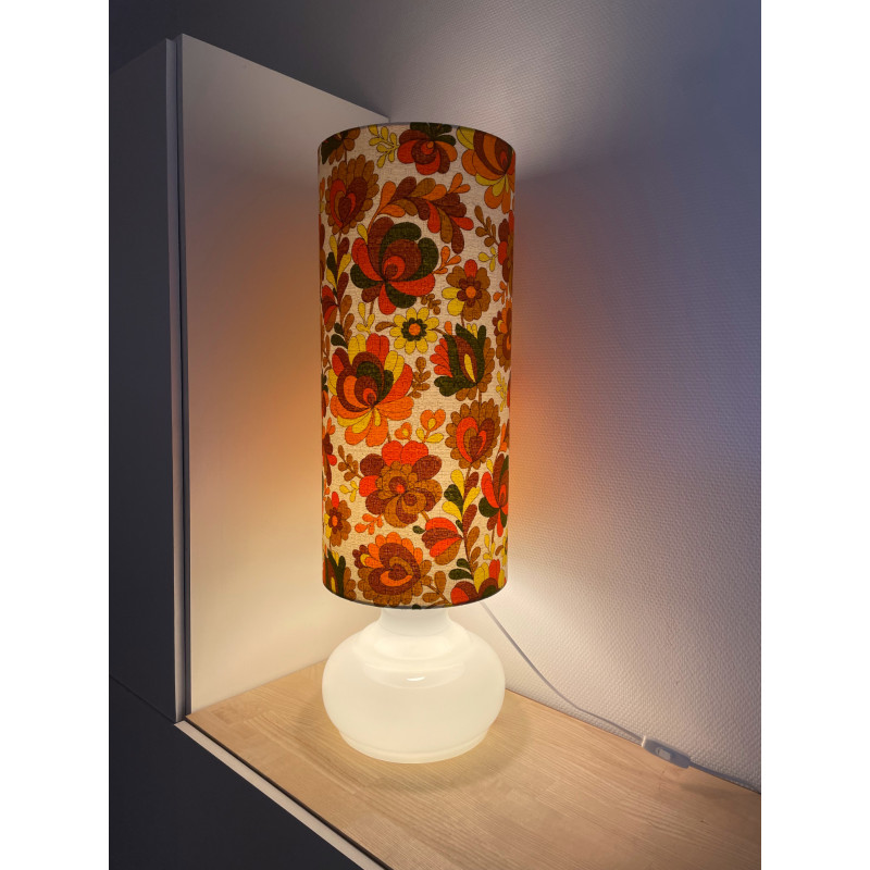 DeskLamp white opalin glass Chrysantheme - 70's mid-century fabric