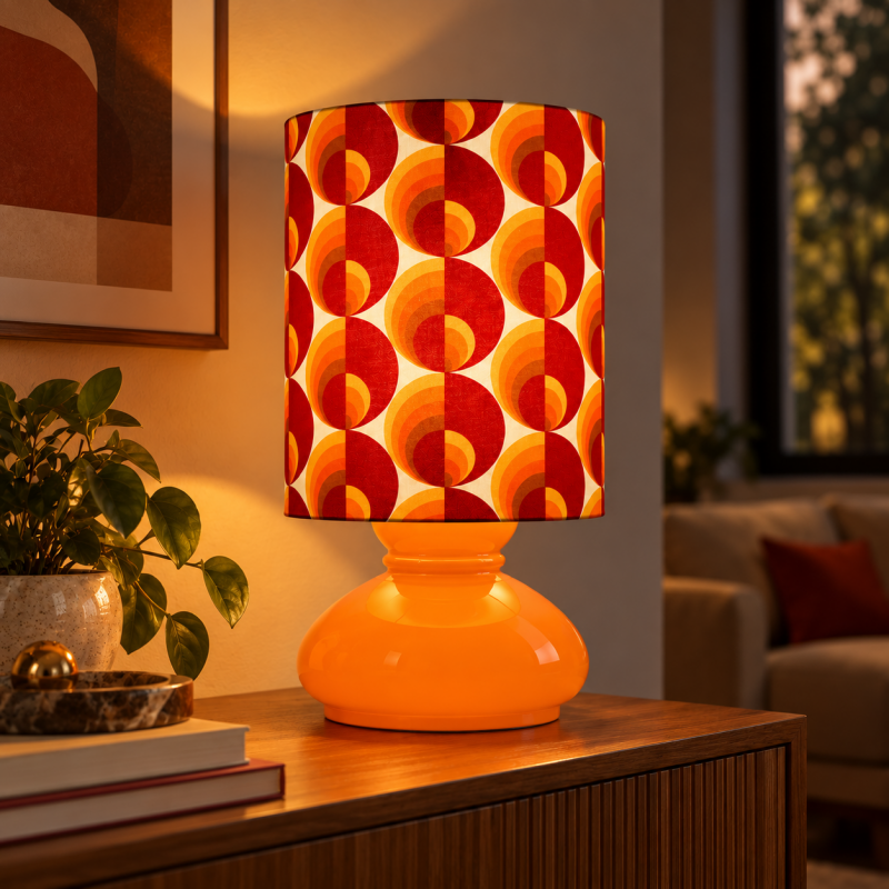 DeskLamp orange opalin glass Apollo Red H45 D23cm - vintage fabric