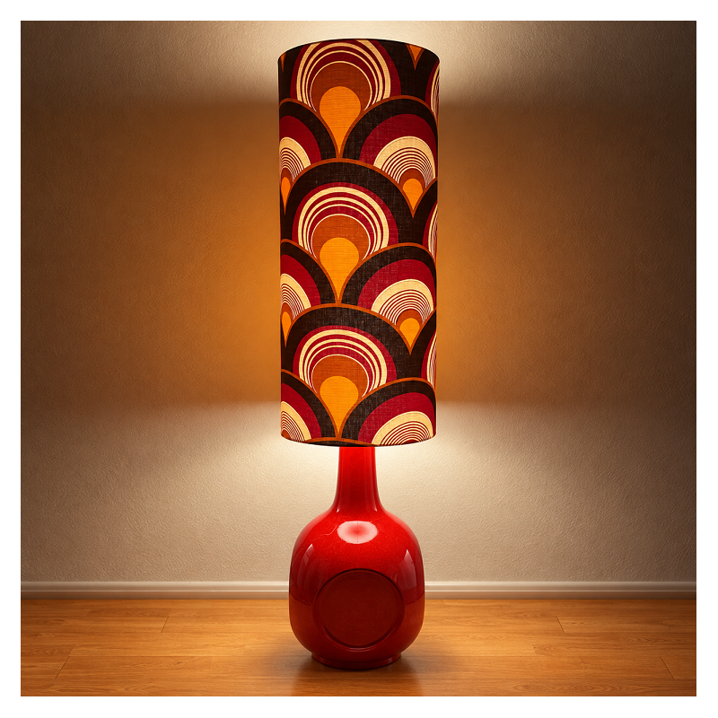 Lampe de sol rouge Saga - céramique et tissu vintage 1970's