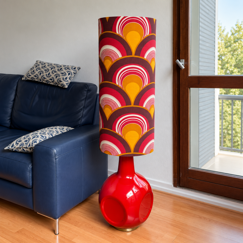 Lampe de sol rouge Saga - céramique et tissu vintage 1970's
