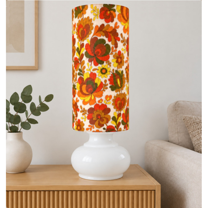 Lampe opaline blanche Chrysantheme - tissu rétro 1970's