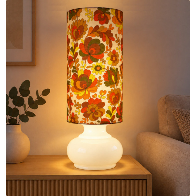 DeskLamp white opalin glass Chrysantheme - 70's mid-century fabric