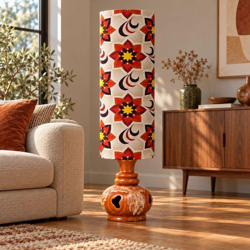 Abat-jour Brasilia H80 D35 - tissu vintage 70's