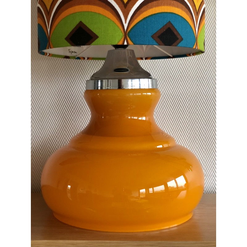 Lampe à poser opaline orange et tissu vintage